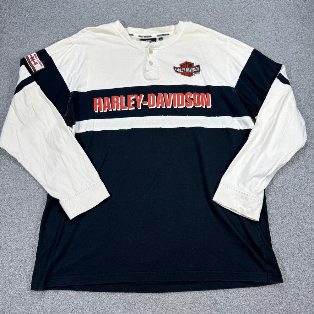 Harley-Davidson Shirt Men's XL Black White Henley Long Sleeve Graphic Bikercore